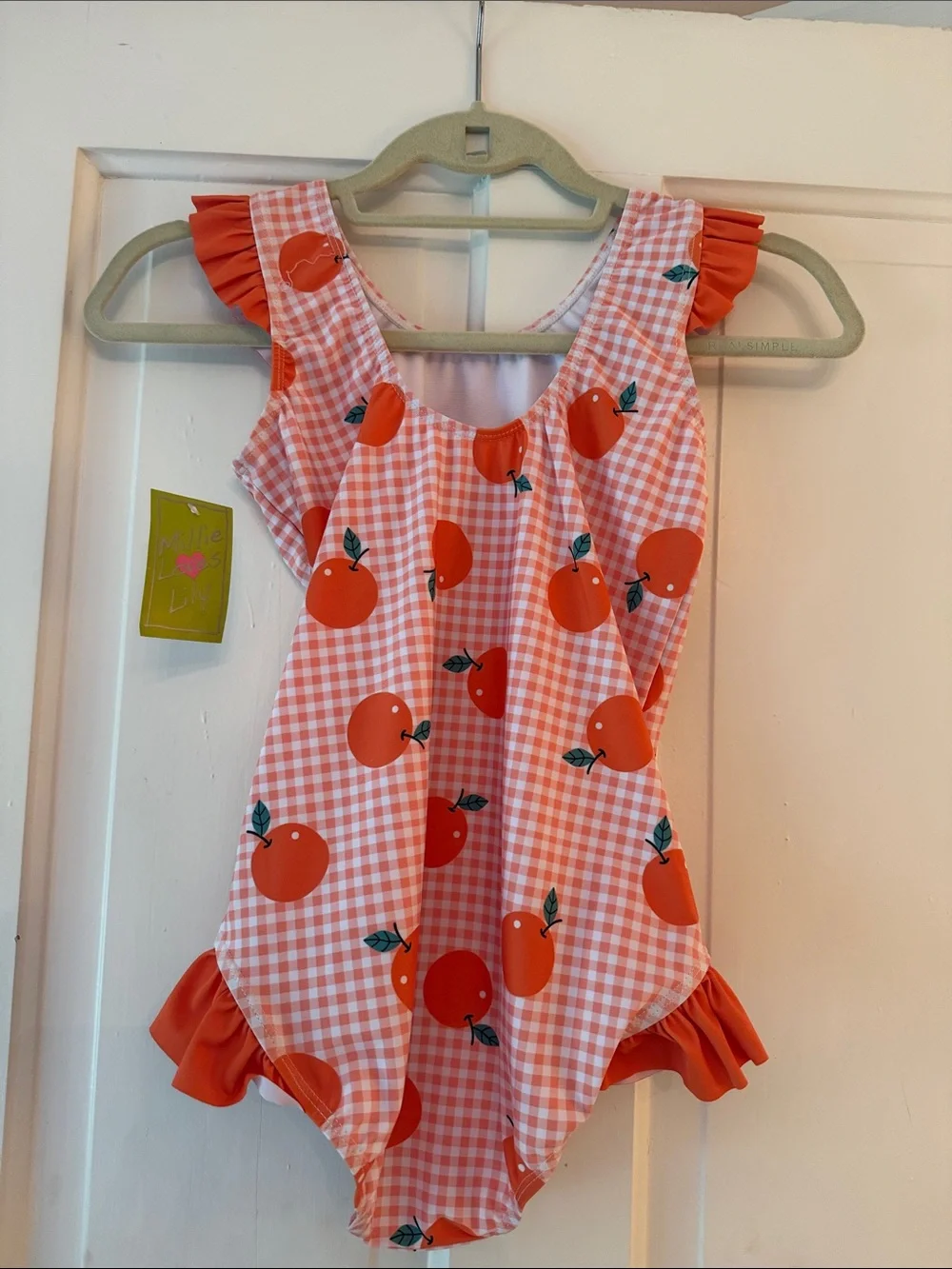 Girls Orange Gingham One-Piece Swimsuit with Fruit Print and Ruffle Trim